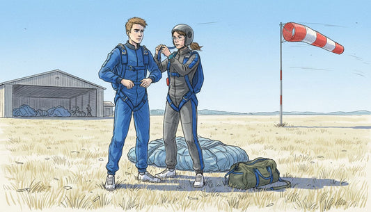 Tandem skydive pair preparing on grassy field