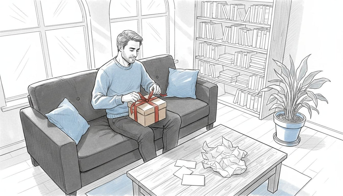 Man receives personalized gift in living room