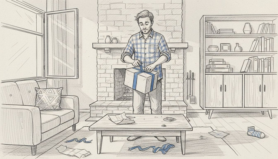 Man opening adventure gift in living room