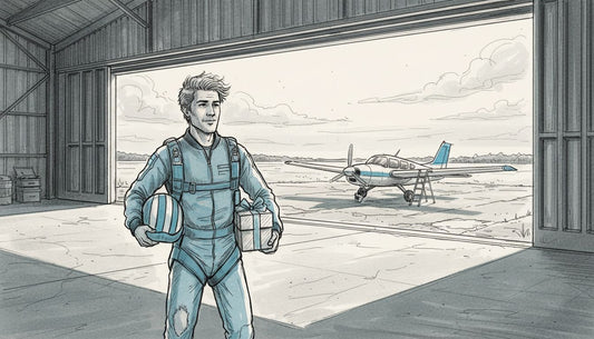 Man holding skydiving helmet and gift at airfield