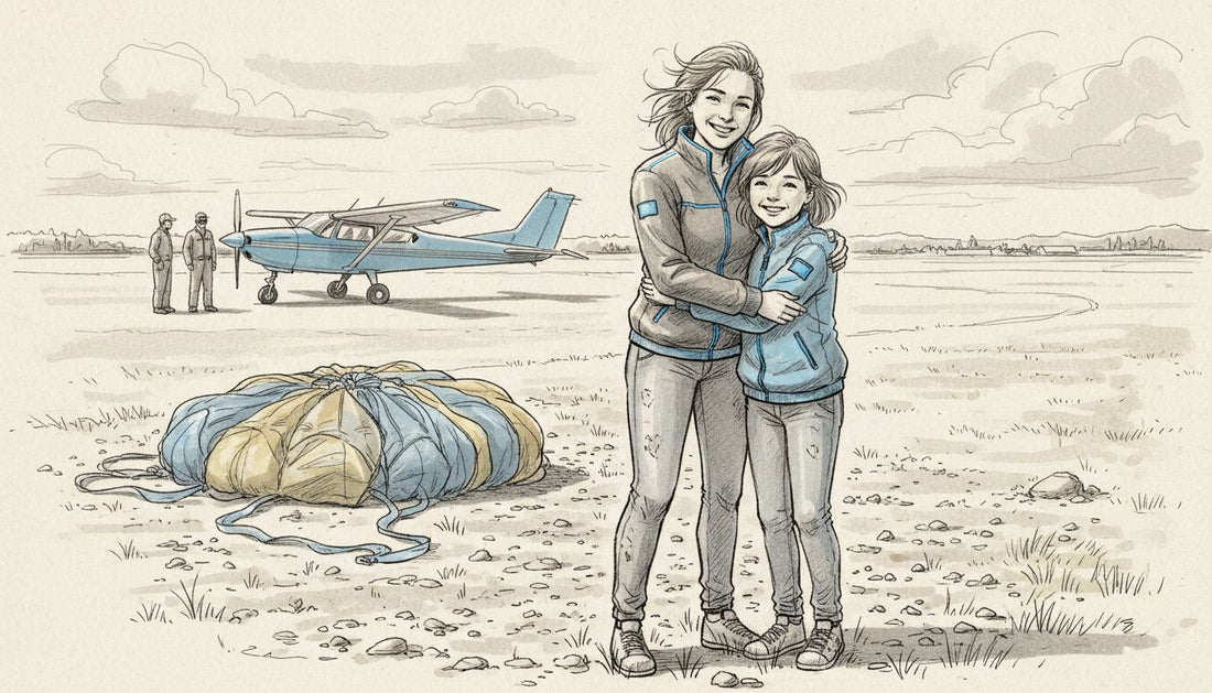 Sisters celebrate after skydiving landing