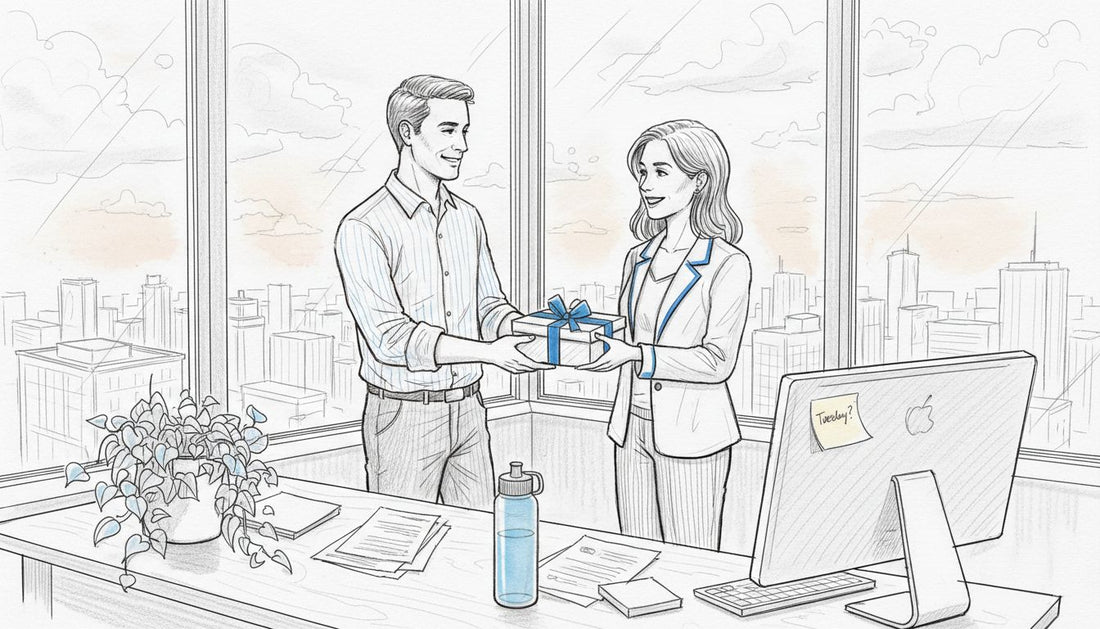 Colleagues exchange gifts in city office 2025