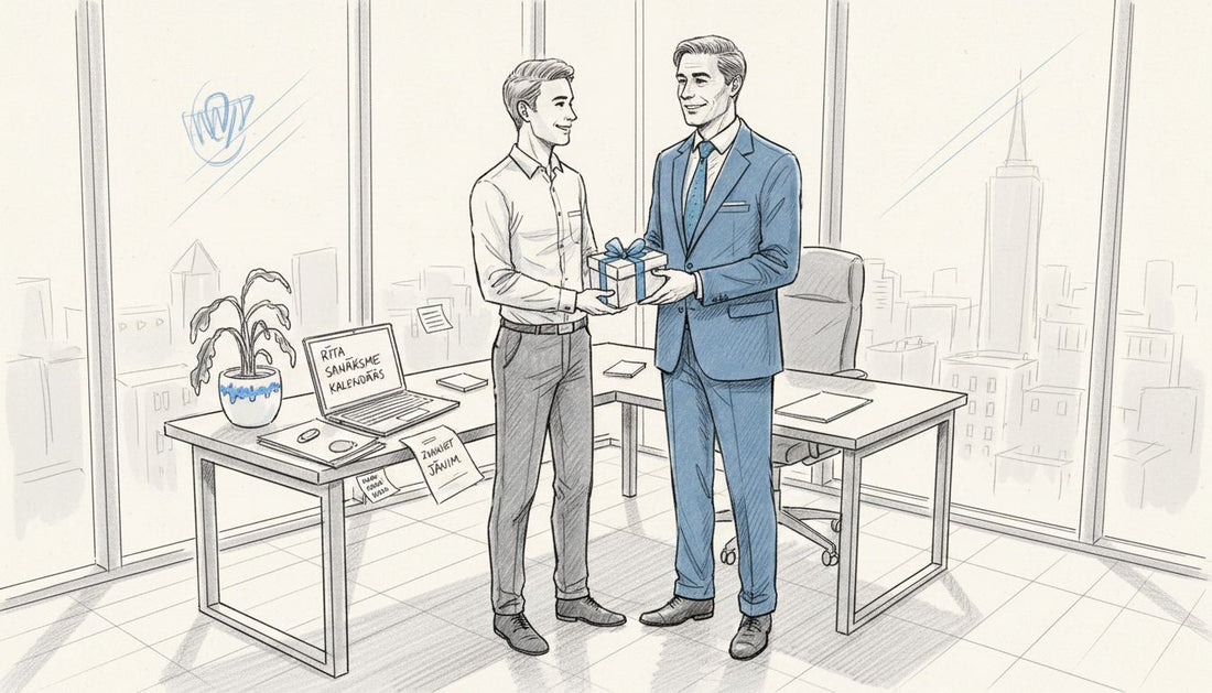 Uzņēmuma vadītājs savā kabinetā saņem dāvanu.