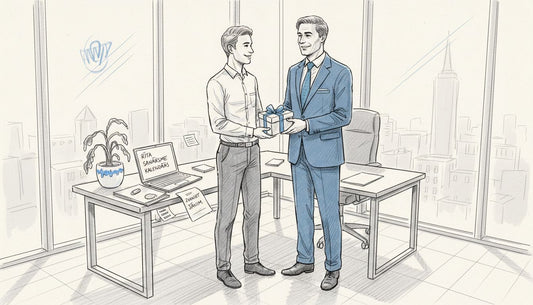 Uzņēmuma vadītājs savā kabinetā saņem dāvanu.