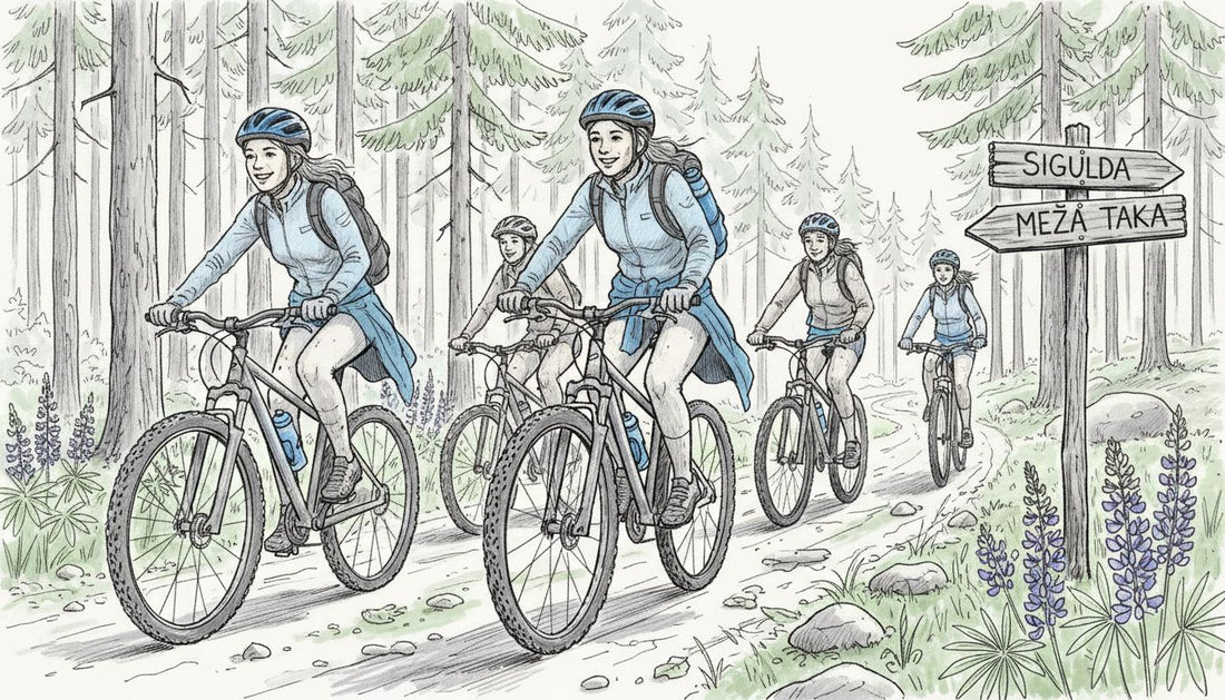 Draugu kompānija izbauda riteņbraucienu pa meža takām Latvijas dabā.