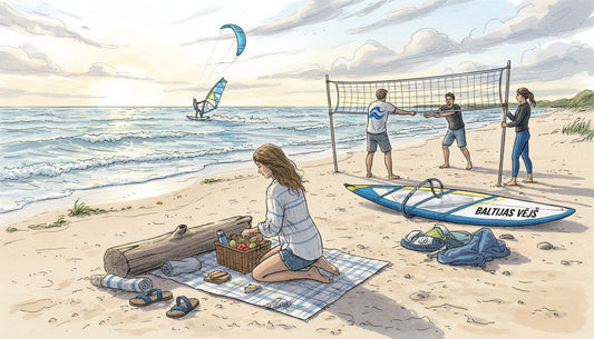 Baltijas jūras pludmalē cilvēki aktīvi atpūšas un izbauda dažādas spēles.