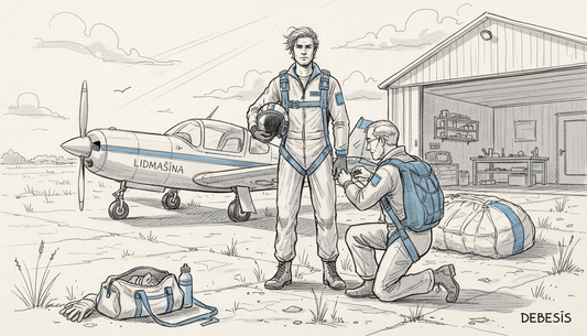 Izpletņlēcējs kopā ar instruktoru gatavojas lēcienam lidlaukā.