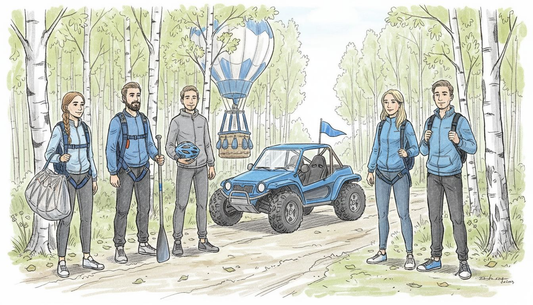 Draugu kompānija ar piedzīvojumu ekipējumu pulcējas meža ielokā.