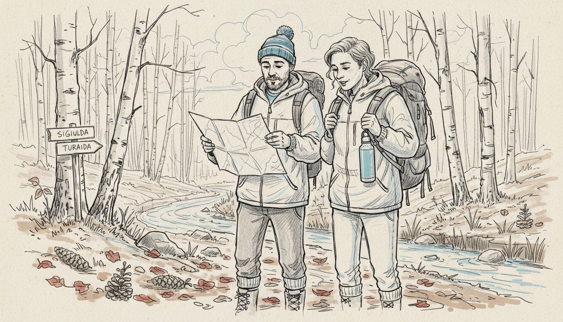 Draugu kompānija ar mugursomām dodas pārgājienā pa meža taku