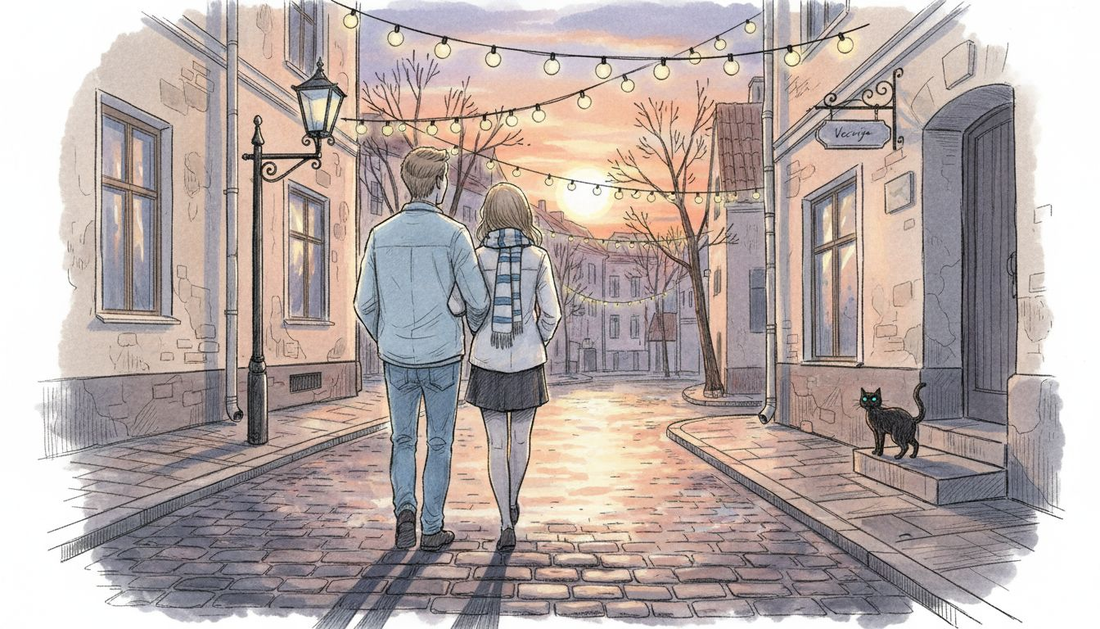 Pāris nesteidzīgi pastaigājas pa Vecrīgas ielām, baudot saulrieta romantiku.