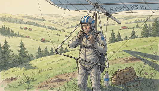 Deltaplāna pilots pārbauda savu aprīkojumu uz nogāzes pirms lidojuma.