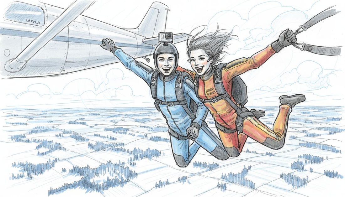 Pāris kopā piedzīvo lēcienu ar izpletni virs sniegotiem plašumiem, baudot aizraujošu piedzīvojumu ziemas ainavā.