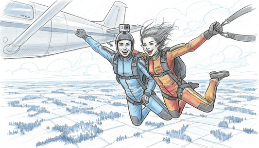 Pāris kopā piedzīvo lēcienu ar izpletni virs sniegotiem plašumiem, baudot aizraujošu piedzīvojumu ziemas ainavā.