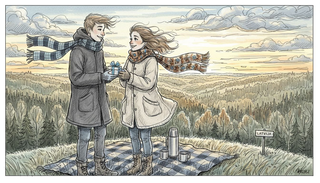 Pāris vējainā kalna galā apmainās ar dāvanām