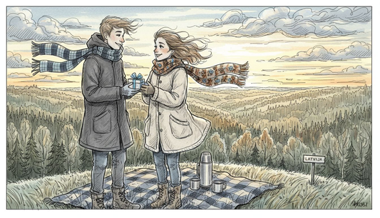 Pāris vējainā kalna galā apmainās ar dāvanām