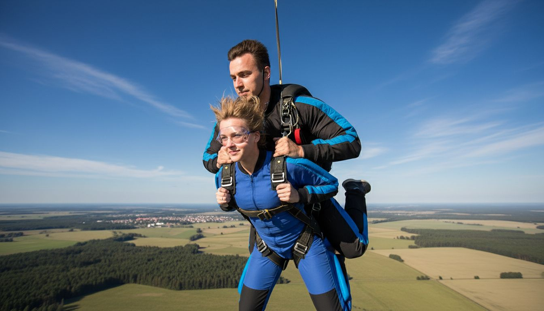 Tandēmā lēkēji ar izpletņiem lido pāri Latvijas laukiem