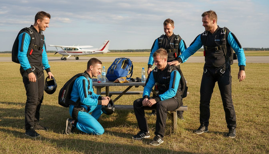 Vīru kompānija Latvijā gatavojas izpletņlēkšanai – pārbauda ekipējumu, apmainās jokiem un dalās ar satraukuma pilnām gaidām pirms lielā lēciena.