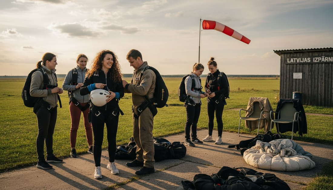 Sievietes gatavojas tandēma lēcienam ar izpletni brīvā dabā