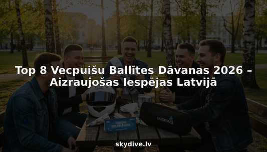 Draugu kompānija Latvijas dabā kopīgi atver vecpuišu ballītes dāvanas, smejas un bauda jautru atmosfēru brīvā gaisā.