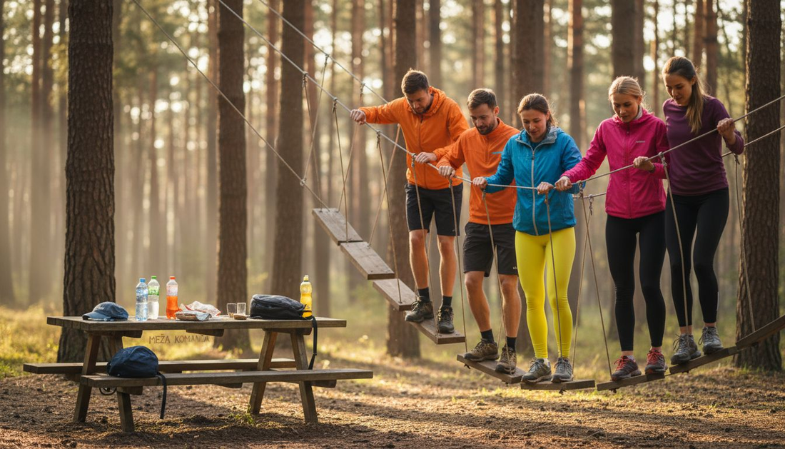 Kolēģi komandas saliedēšanas pasākumā kopīgi pārvar virvju tiltu mežā