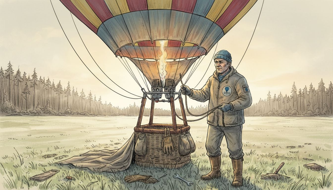 Gaisa balona pilots gatavojas agrā rīta lidojumam, lai sagaidītu saullēktu no putna lidojuma.