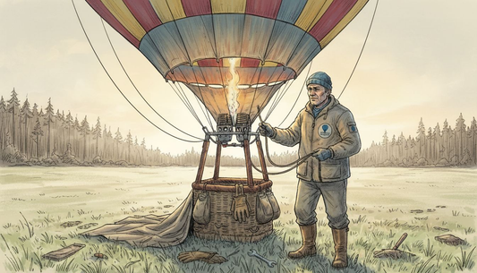 Gaisa balona pilots gatavojas agrā rīta lidojumam, lai sagaidītu saullēktu no putna lidojuma.
