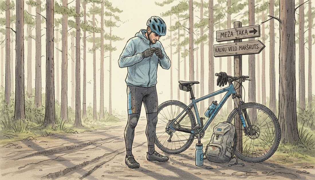 Kalnu riteņbraucējs gatavojas braucienam meža takās