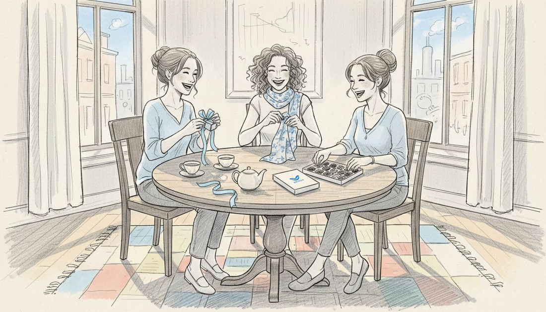 Saulainā pēcpusdienā draudzenes pulcējušās pie galda, daloties ar dāvanām un sirsnīgiem smaidiem.