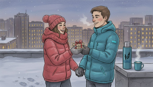 Divi piedzīvojumu kāri mīļotāji svētku vakarā apmainās dāvanām uz sniegota jumta, baudot neaizmirstamu Ziemassvētku brīdi.