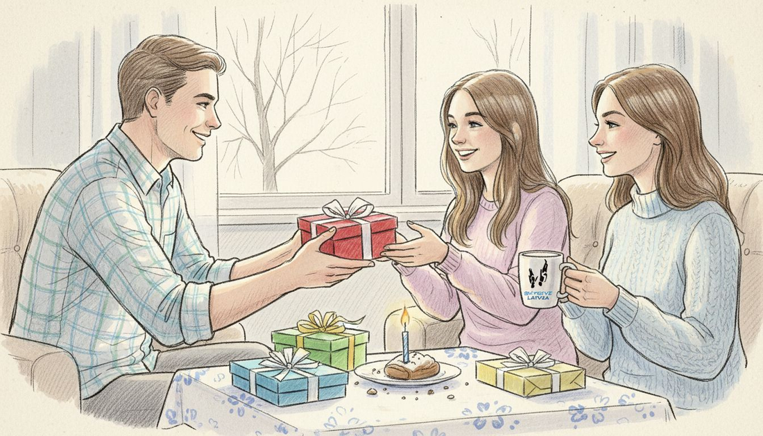 Ģimene svētku reizē dāvina viens otram sirsnīgas dāvanas