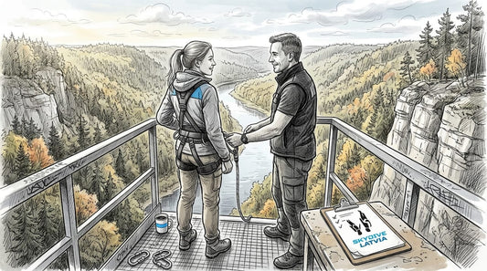 Siguldas bungee lēkšanas platforma ar dalībnieku un instruktoru