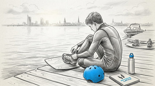 Uz Rīgas ezera laipas kāds wakeboardists gatavo savu inventāru pirms došanās uz ūdens.