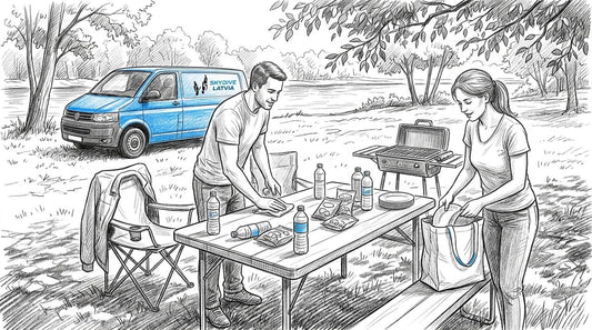 Darba kolektīvs gatavojas kopīgai piknika dienai parkā, lai stiprinātu savstarpējās attiecības un labi pavadītu laiku.
