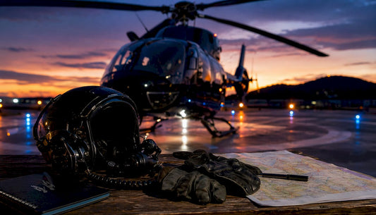Helikoptera kabīne un pilota aprīkojums angāra telpās