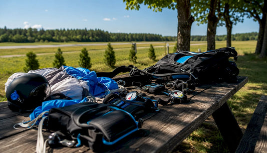 Izpletņlēcēju ekipējums izkārtots uz lidlauka gatavs nākamajam lēcienam.