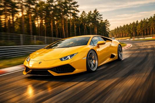 Dzeltena Lamborghini Huracan sporta auto brauciens pa Biķernieku trasi Rīgā