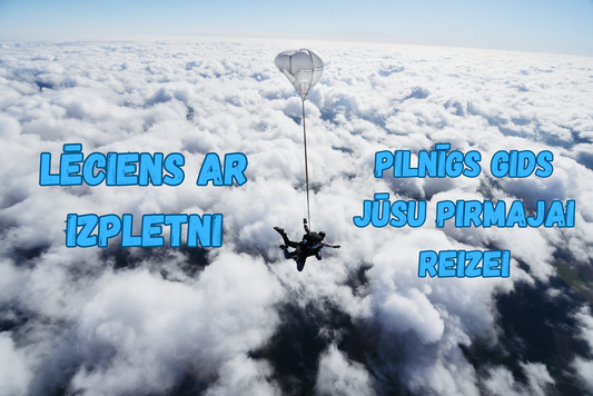 Tandēma izpletņlēcējs atver izpletni virs bieziem mākoņiem skaidrā dienā. Teksts attēlā: Lēciens ar izpletni, pilnīgs gids jūsu pirmajai reizei