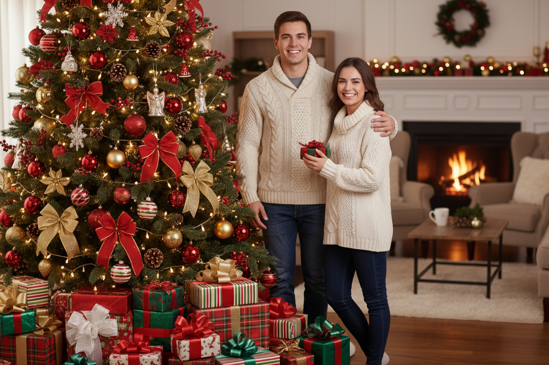 couple near christmas tree with presents